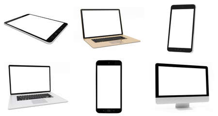 Modern digital silver tech device collection on white background 3D renderingの写真素材
