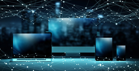 Modern digital tech device connected to each other in dark background 3D rendering