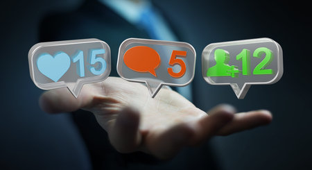 Businessman on blurred background using digital colorful social media icons 3D rendering