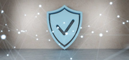 Big shield icons in bright interior with connections 3D rendering