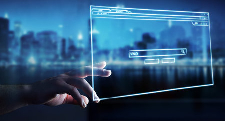 Businessman on blurred background holding and touching a website page sketch