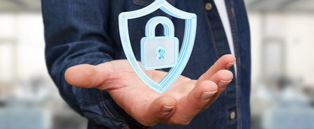 Businessman on blurred background using modern data shield antivirus 3D rendering