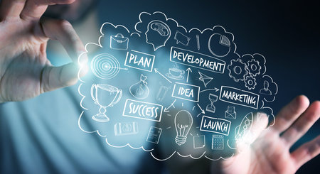 Businessman on blurred background using manuscript project presentation with his hand