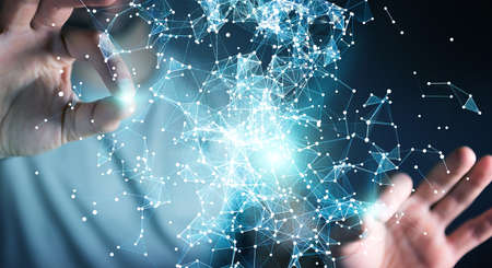 Businessman on blurred background holding flying network connection 3D renderingの写真素材