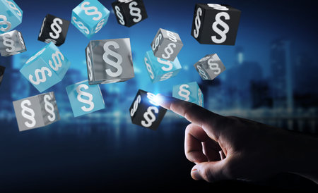 Businessman on blurred background holding and touching 3D rendering law cubes