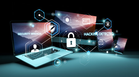 Antivirus interface over modern tech devices in dark background 3D rendering