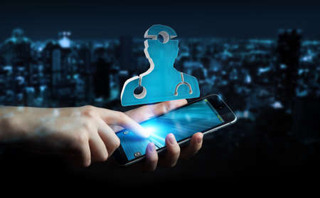 Businessman on blurred background holding and touching medical icon 3D renderingの写真素材