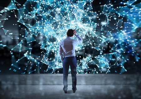 Businessman watching connection network on a rooftop with a city view 3D rendering