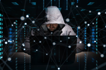 Hacker accessing to personal data information with a computer in a dark room 3D rendering