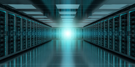Dark server room data center storage interior 3D rendering