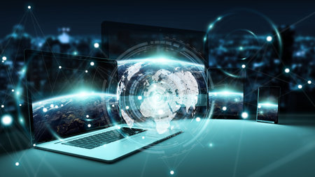 Worldwide server interface over modern tech devices in dark background 3D rendering