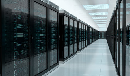 Bright server room data center storage interior 3D rendering