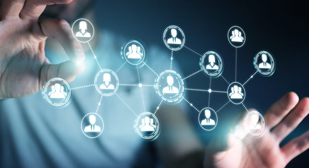 Businessman on blurred background using social network connection 3D rendering