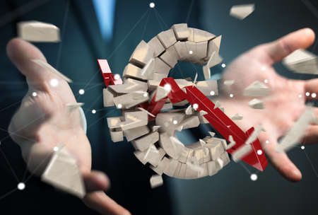 Businessman on blurred background with exploding dollar currency 3D renderingの写真素材