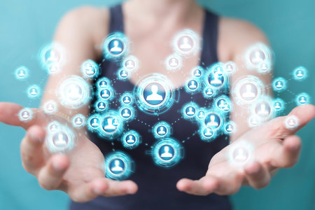 Businesswoman on blurred background using social network interface 3D rendering