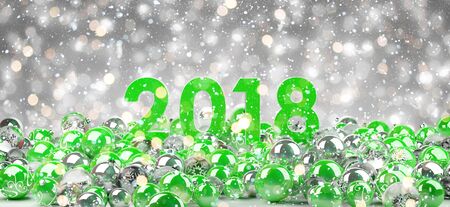 2018 new year eve with green and white christmas baubles 3D renderingの写真素材