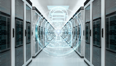White and blue firewall activated on server room data center 3D rendering