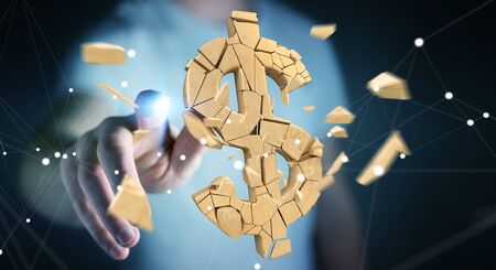 Businessman on blurred background with exploding dollar currency 3D renderingの写真素材