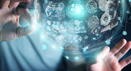 Businessman on blurred background using holograms datas digital sphere 3D rendering