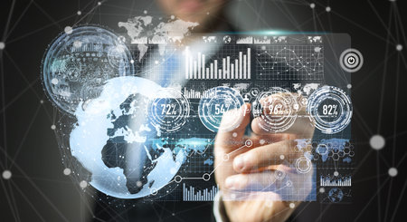 Businessman moving digital datas with a tactile pen on hologram screen 3D renderingの写真素材