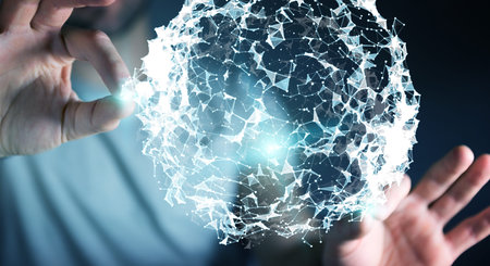 Businessman on blurred background holding flying network connection 3D rendering