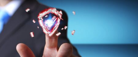 Businessman on blurred background facing security break 3D renderingの写真素材