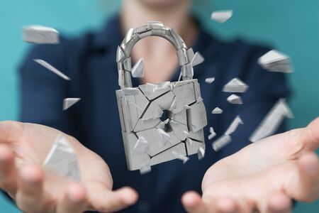 Businesswoman on blurred background hacking in broken padlock security 3D renderingの写真素材