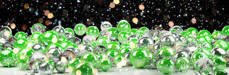 Green and white christmas baubles on snowy background 3D renderingの写真素材