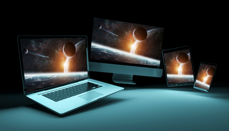 Modern digital silver tech device in dark background 3D renderingの写真素材