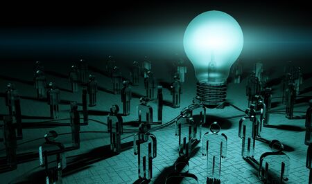 Big lightbulb illuminating a group of people in dark interior 3D renderingの写真素材