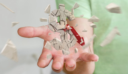 Businessman on blurred background with exploding dollar currency 3D renderingの写真素材