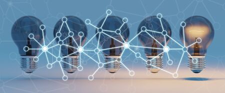 Bright lightbulbs and connections  lined up on blue background 3D renderingの写真素材