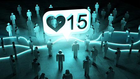 Digital like illuminating a group of people on dark background 3D rendering