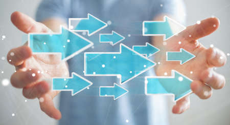 Businessman on blurred background using digital modern arrow 3D renderingの写真素材