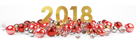 2018 new year eve with red and white christmas baubles 3D renderingの写真素材