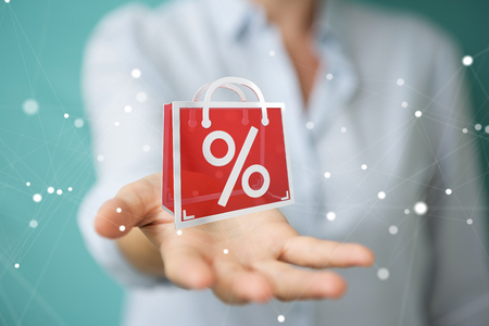 Businesswoman on blurred background enjoying black Friday sales 3D renderingの写真素材