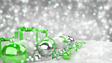 Green and white christmas gifts and baubles lined up on snowy background 3D renderingの写真素材