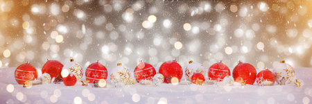 Red and white christmas baubles and candles on snow background 3D renderingの写真素材