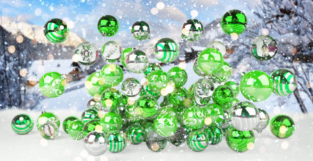 Green and white christmas baubles on snowy background 3D renderingの写真素材