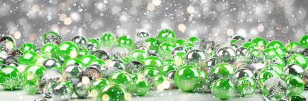 Green and white christmas baubles on snowy background 3D renderingの写真素材