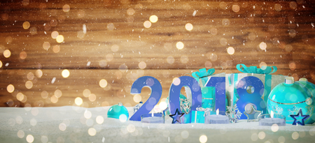 2018 new year eve with blue and white christmas baubles and gifts 3D renderingの写真素材