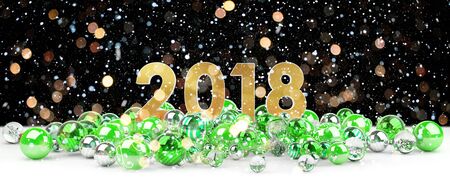 2018 new year eve with green and white christmas baubles 3D renderingの写真素材