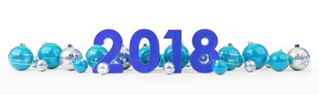 2018 new year eve with blue and white christmas baubles on snow background 3D renderingの写真素材