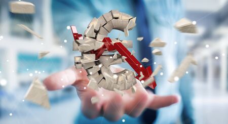 Businessman on blurred background with exploding dollar currency 3D renderingの写真素材