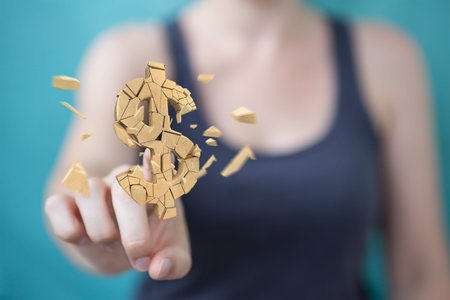 Businesswoman on blurred background with exploding dollar currency 3D rendering