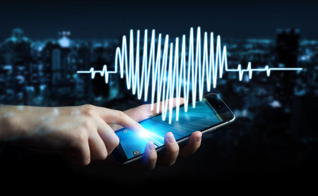 Businessman on blurred background holding heart beat sketch over mobile phone