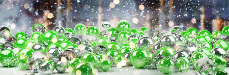 Green and white christmas baubles on snowy background 3D renderingの写真素材