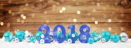 2018 new year eve with blue and white christmas baubles on snow background 3D renderingの写真素材