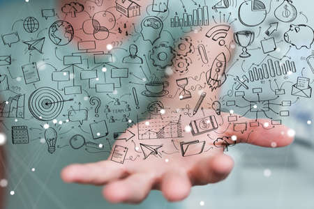 Businesswoman on blurred background holding and touching manuscript project presentationの写真素材