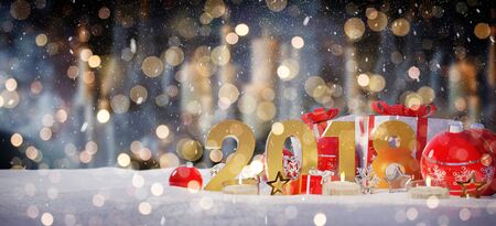 2018 new year eve with red and white christmas baubles and gifts 3D renderingの写真素材